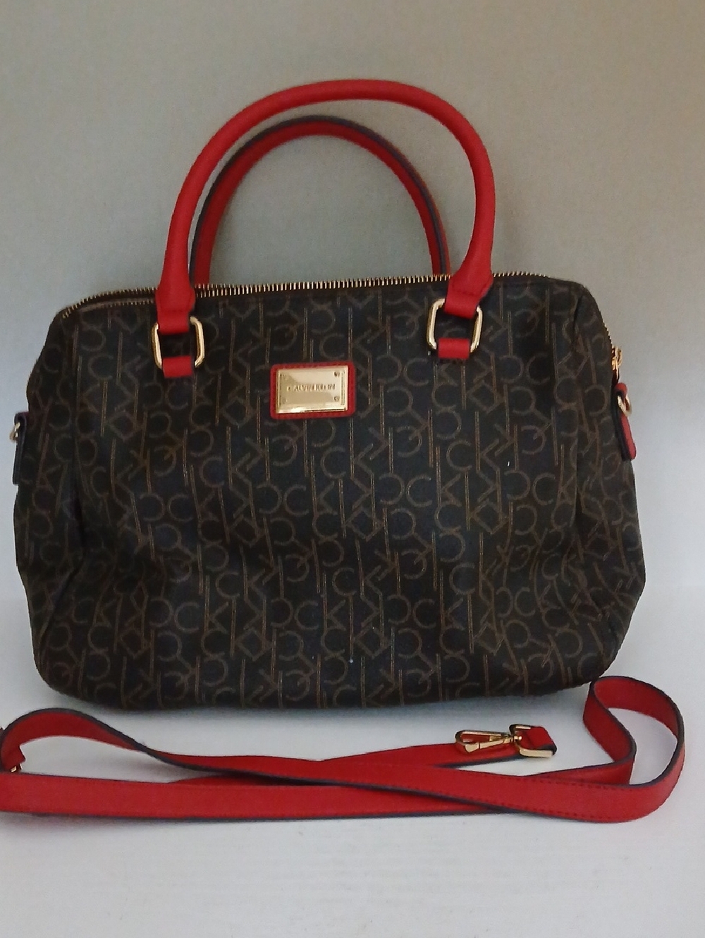 Calvin Klein Brown Monogram Satchel with Red Handles